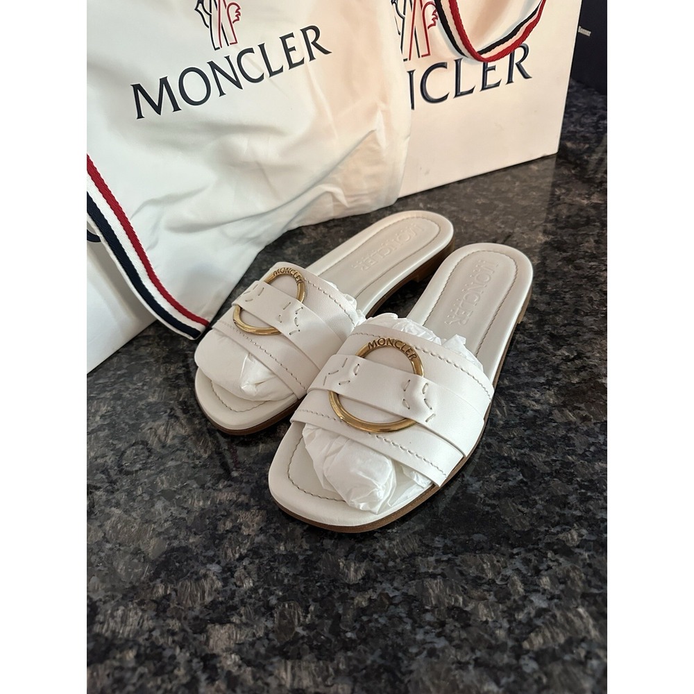 Moncler Bell Slide White Leather Gold Ring Flat Sandals 4C00160 M4097 Sz 40 NEW